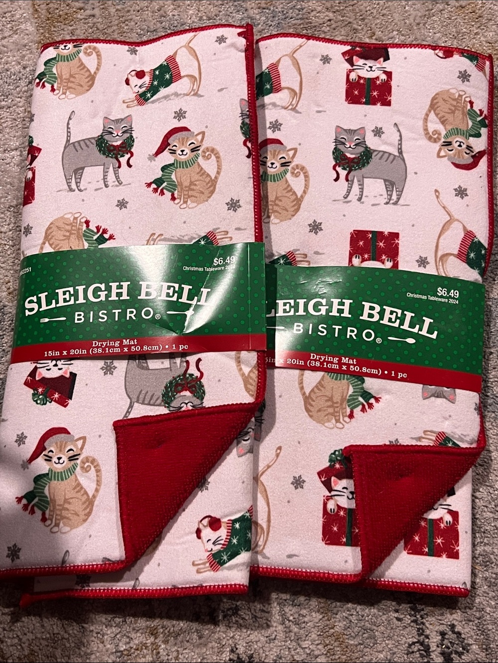 Lot of 2 Red & White Cat Holiday Drying Mats 15x20”